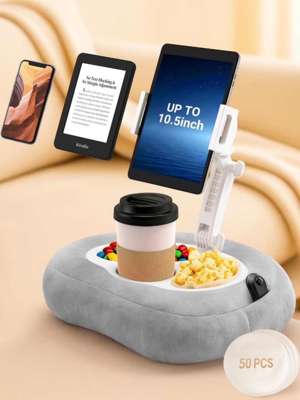 Adjustable Tablet & Kindle Pillow Stand for Bed & Couch with Snack Bowls & Cup